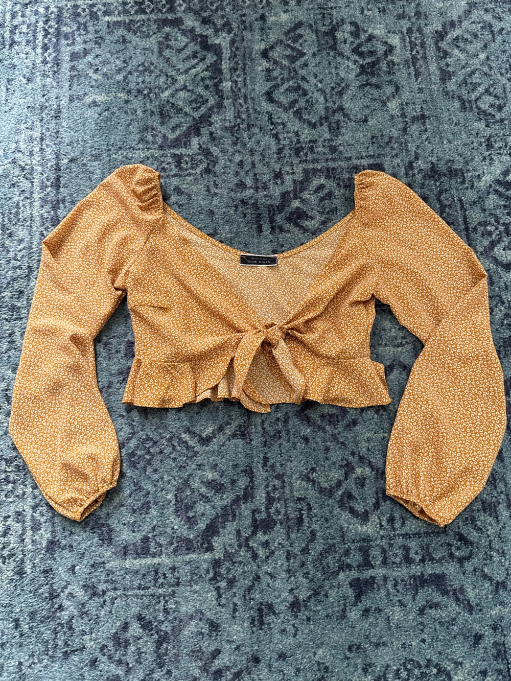 Blue Blush Mustard Puff-Sleeve Tie-Front Crop Top